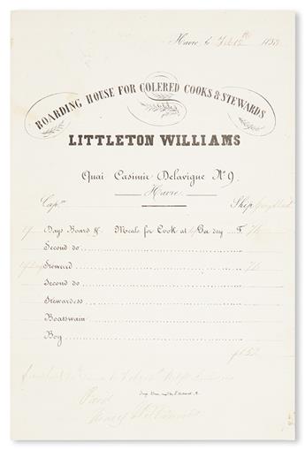 (FOOD AND DRINK.) COOKS AND STEWARDS. Littleton Williams Boarding House for Colered (sic) Cooks and Stewards, Quai Casimir Delavique, N